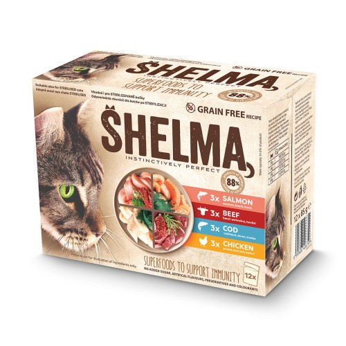 _0003_SHELMA saszetka - pełnoporcjowa bezzbożowa karma dla dorosłych kotów. Z kurczakiem, wołowiną, łososiem, dorszem.jpg