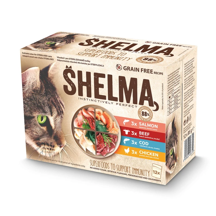 _0003_SHELMA saszetka - pełnoporcjowa bezzbożowa karma dla dorosłych kotów. Z kurczakiem, wołowiną, łososiem, dorszem.jpg