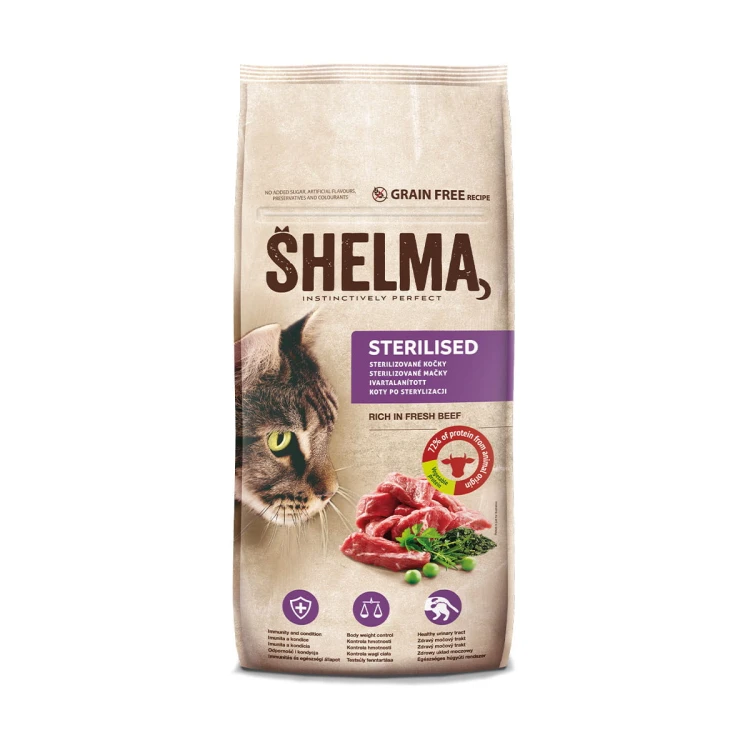 _0001_SHELMA karma sucha - pełnoporcjowa bezzbożowa karma dla kotów sterylizowanych. Bogata w wołowinę 8kg FRONT.jpg
