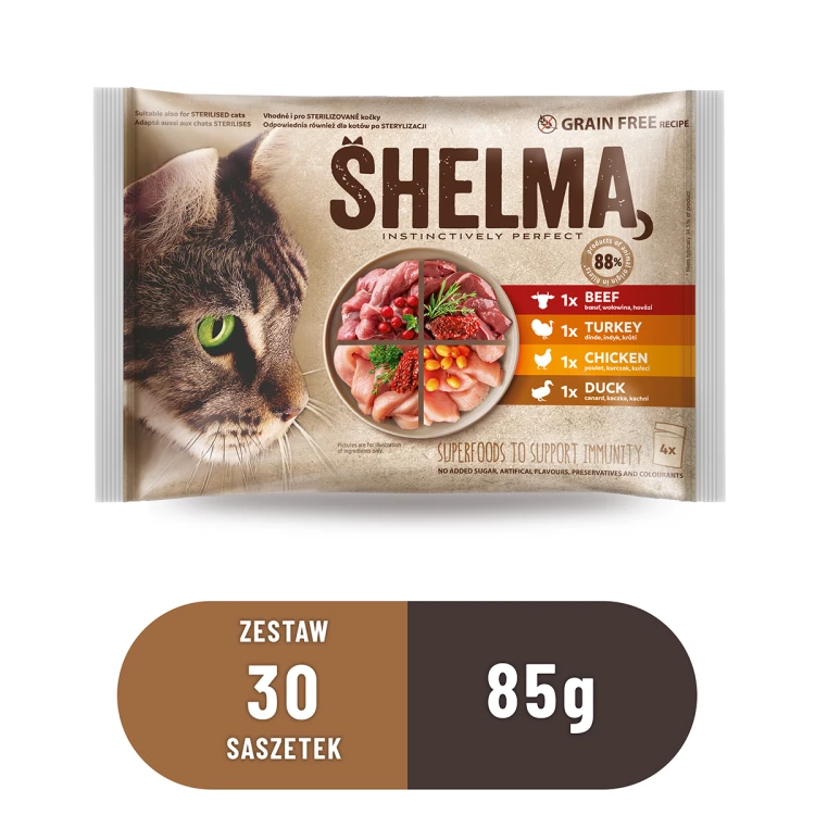 02-Zestaw 30 sztuk - SHELMA saszetki - pełnoporcjowa bezzbożowa karma dla dorosłych kotów. Z kurczakiem, wołowiną, kaczką i indykiem 4x85g.png