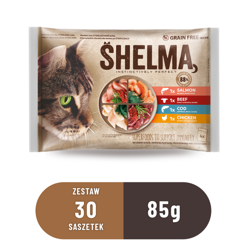 04-Zestaw 30 sztuk- SHELMA saszetka - pełnoporcjowa bezzbożowa karma dla dorosłych kotów. Z łososiem, dorszem, wołowiną i kurczakiem 4x85g.png