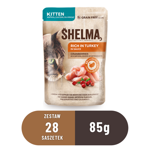 12-SHELMA saszetka - pełnoporcjowa bezzbożowa karma dla kociąt. Bogata w indyka, z żurawiną 28x85g.png