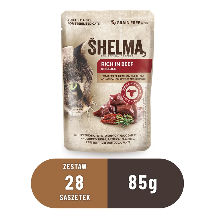 15-SHELMA saszetka - pełnoporcjowa bezzbożowa karma dla dorosłych kotów. Bogata w wołowinę, z pomidorami i ziołami w sosie 28x85g.png