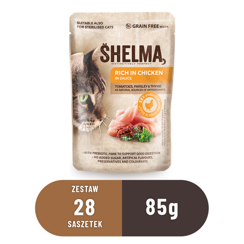 17-SHELMA saszetka - pełnoporcjowa bezzbożowa karma dla dorosłych kotów. Bogata w kurczaka, z kurkumą, pomidorami oraz ziołami 28x85g.png