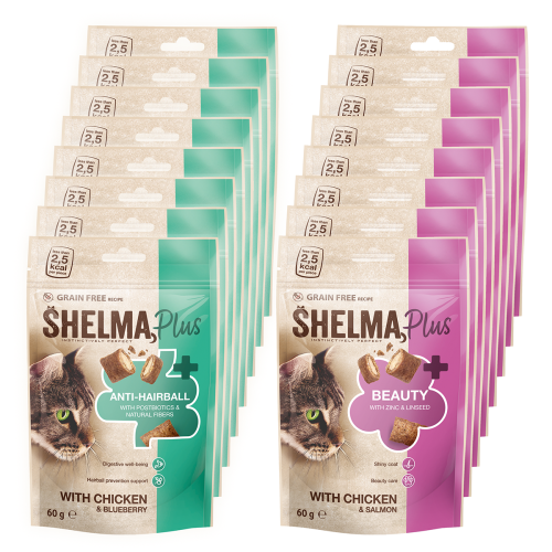 27-Shelma przekąska funkcjonalna BEAUTY i ANTI-HAIRBALL- bezzbożowe poduszeczki. Z kurczakiem i łososiem 16x 60g.png