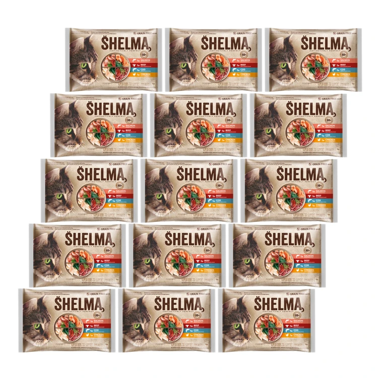 08-Zestaw 15 sztuk- SHELMA saszetka - pełnoporcjowa bezzbożowa karma dla dorosłych kotów. Z łososiem, dorszem, wołowiną i kurczakiem 4x85g-2.png
