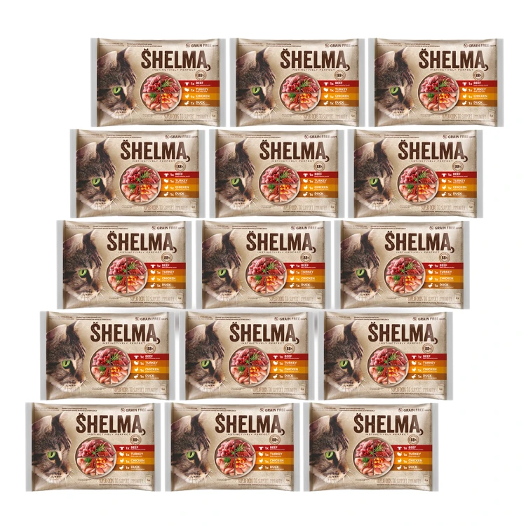 06-Zestaw 15 sztuk- SHELMA saszetki - pełnoporcjowa bezzbożowa karma dla dorosłych kotów. Z kurczakiem, wołowiną, kaczką i indykiem 4x85g-2.png