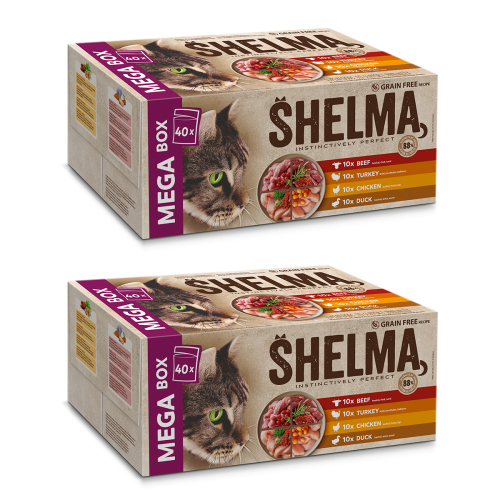 10-SHELMA saszetki - pełnoporcjowa bezzbożowa karma dla dorosłych kotów. Z wołowiną, kaczką, kurczakiem i indykiem. 80x85g-2.png