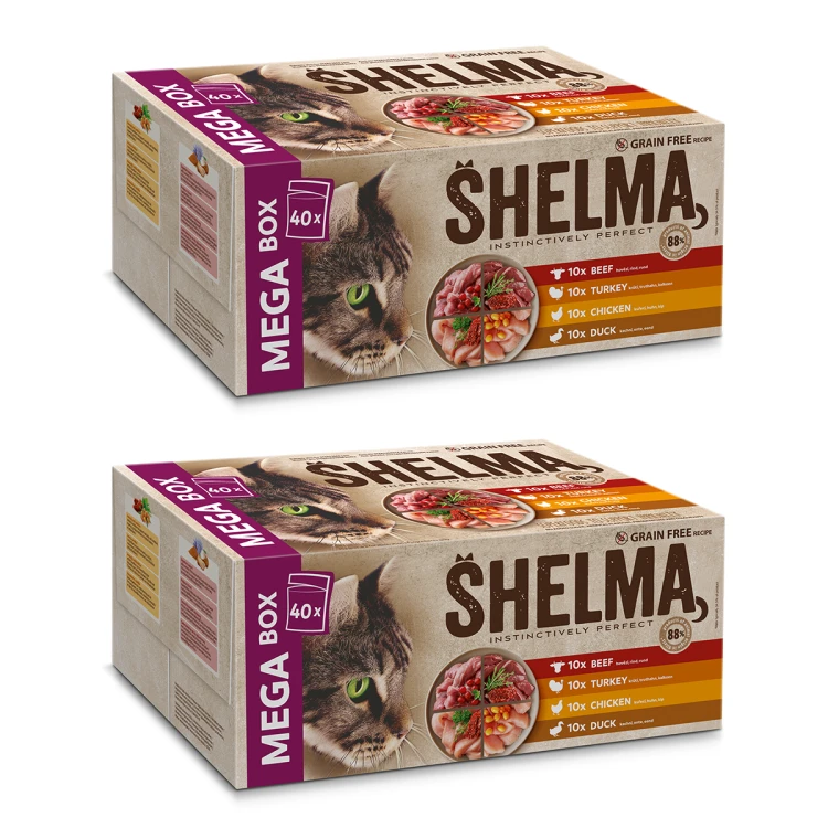 10-SHELMA saszetki - pełnoporcjowa bezzbożowa karma dla dorosłych kotów. Z wołowiną, kaczką, kurczakiem i indykiem. 80x85g-2.png